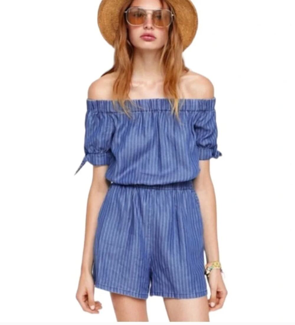 Zara Z1975 Denim Stripe Chambray Romper Off Shoulder Tie Sleeve XS Extra Small
